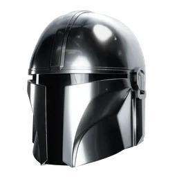 "Shiny silver Mandalorian helmet modeled in Blender 3D for Star Wars Legends. Features a unique design with visible head and diffuse outline, perfect for adding to your AI app. Get this iconic helmet for your clothing and accessory collection today!"