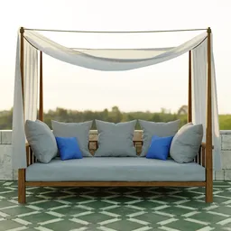 "Canopy Sofa - InOut 07" is a stunning outdoor furniture 3D model designed by Paola Navone for Gervasoni. The sofa features blue pillows and a canopy, intricately designed with white mesh rope and tropical wood. Rendered with Octane Render and Redshift, this model is perfect for outdoor and mesa settings.