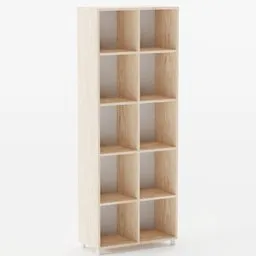 "Shelf MCP PM 10 'Junior 6' by Maribel: A nonbinary bookcase model featuring multiple shelves, crafted with birch wood and Swedish design. This Blender 3D model measures 800mm in width, 2100mm in height, and 372mm in depth, offering a versatile storage solution with a unique aesthetic."