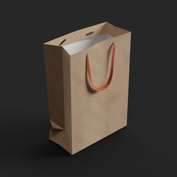 "3D model of a brown paper bag with a red handle on a black background. Ideal for Blender 3D software enthusiasts creating realistic kitchen scenes. Shop for groceries and add a touch of new objectivity with this monochrome 3D model featuring light displacement for enhanced rendering."