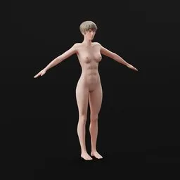 "Fully rigged 3D woman model for Blender 3D - ideal for videogame asset creation or character reference sheets. Includes flesh textures and is compatible with Cycles and Eevee renderers. Features androgynous, pale-skinned character on black background."