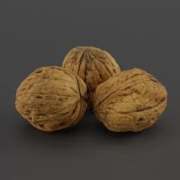 "High-quality walnut 3D models with 4K textures, perfect for Blender 3D. Featuring three intricately detailed walnuts on a dark surface with an RTX ray-traced grey background, suitable as an AI app icon or artistic display item."