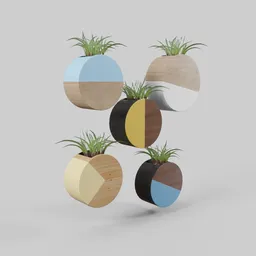 "Hanging plant pots on a table in a geometric 3D render, featuring vibrant triadic colors and realistic grass. This 3D model named 'Plant Wall Deco' was created using Blender 3D software and offers a unique art piece for Blender users seeking a visually appealing design element."