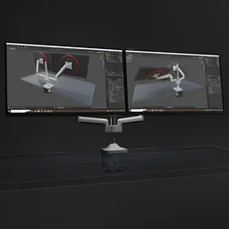 "Blender 3D Dual Monitor Stand with LG UltraGear 27 inch Monitors and Rigged Arms for Animation" - This 3D model features a contemporary dual monitor stand with two LG UltraGear 27 inch monitors. The arms are rigged for animation and allow for easy control of monitor positions. Perfect for Blender 3D projects.