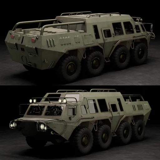 Detailed civilian GAZ-59037A APC 3D model with PBR textures and full rig, perfect for Blender visualization projects.