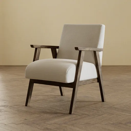Realistic 3D model of a modern linen-upholstered armchair with wooden arms and legs, ideal for Blender rendering.