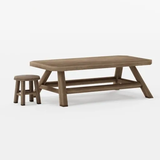 Low poly wooden table and single chair 3D model, ideal for Blender rendering and game assets.