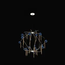 Detailed 3D model of a modern chandelier with branching design and blue globes, compatible with Blender for virtual lighting.