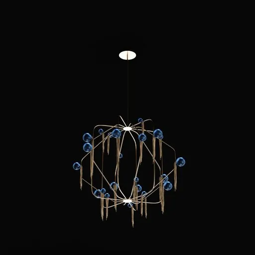 Detailed 3D model of a modern chandelier with branching design and blue globes, compatible with Blender for virtual lighting.