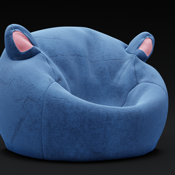Blue 3D modeled beanbag chair with plush texture and playful ear accents, designed for Blender rendering.