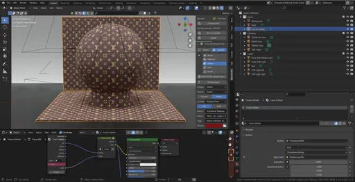 Detailed 3D modeling workspace with preset cameras and procedural texture focus in Blender.