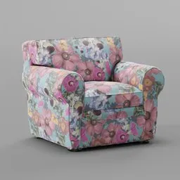 Detailed 3D render of a floral-patterned modern armchair with plush upholstery, ideal for Blender interior modeling.