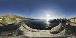 360-degree HDR panorama of Simon's Town coastal rocks with clear sky for realistic lighting in 3D scenes.