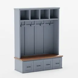 Elegant 3D-rendered hall tree cabinet with bench and storage for organizing essentials, ideal for Blender 3D projects.