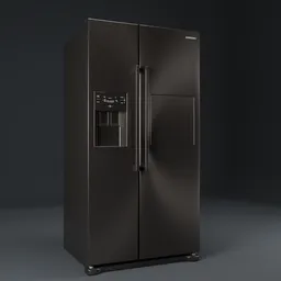 Detailed 3D model rendering of a modern black side-by-side refrigerator with dispenser for Blender visualization.