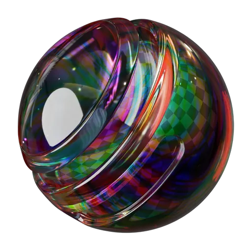 Colorful procedural PBR glass material with dynamic distortions suitable for Blender 3D and other 3D apps.