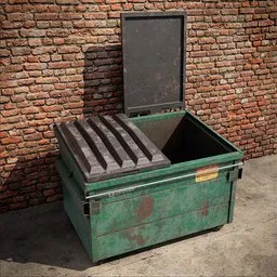 Detailed 3D model of an open green garbage container with realistic textures, suitable for Blender rendering.