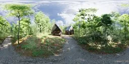 360-degree HDR panorama of wooden cabins surrounded by lush forest lighting for scene visualization.