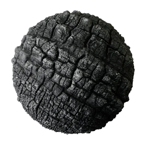 2K PBR Charcoal Wood material with realistic ashes and burnt texture, seamless tiling, suitable for Blender 3D and compatible apps.