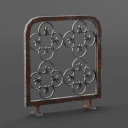 Detailed 3D model of an ornate medieval-style iron fire guard, designed for Blender rendering and scene enhancement.