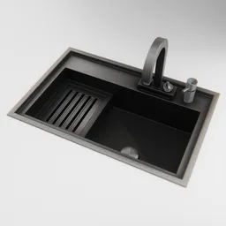 Detailed 3D model of a modern kitchen sink with faucet and accessories for Blender rendering.