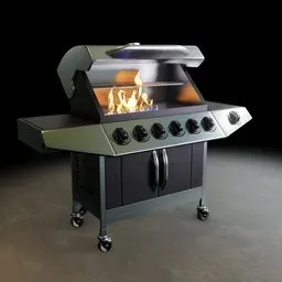 Realistic Blender 3D model of a stainless steel barbecue grill with lit flames, knobs, and wheels.