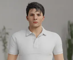 Realistic 3D male model in polo shirt, designed for Blender, with detailed facial features and texture.