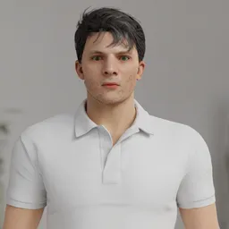 "Full-body 3D model of a casual guy in a polo shirt, fully rigged and ready for use in Blender 3D. Realistic details in both the face and body, inspired by artists Adolfo Müller-Ury and Henri-Julien Dumont. Perfect for AI researchers and game developers seeking high-quality character models."