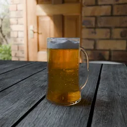 Detailed 3D beer mug model with frothy head, condensation, on wood surface.