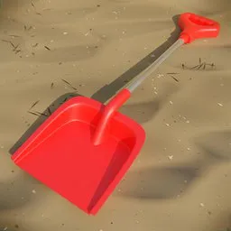 Red plastic toy shovel 3D model with a realistic design for sandbox play, compatible with Blender.