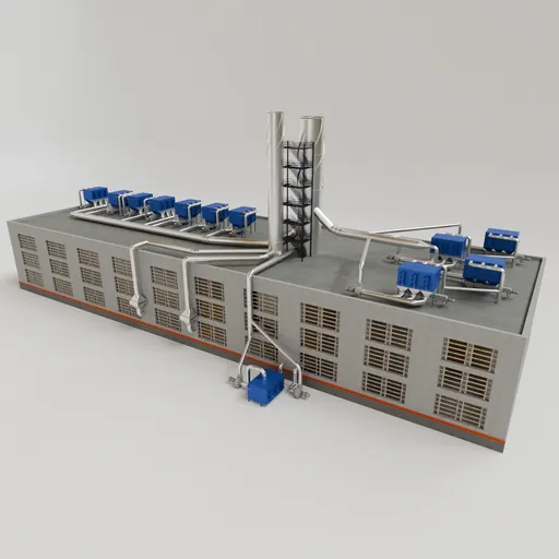 Detailed 3D representation of an industrial tire factory with dust collectors, crafted in Blender.