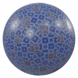 High-resolution PBR 3D material of blue floral tiles for texturing in Blender and various applications.
