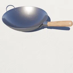 Hand-hammered carbon steel round-base wok with wooden handle, 3D model for Blender, photorealistic shading