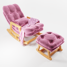 "3D model of a cozy pink rocking chair with ottoman and blanket, perfect for rendering in Blender. UV map ready with easily customizable colors. Trending on CGISociety."