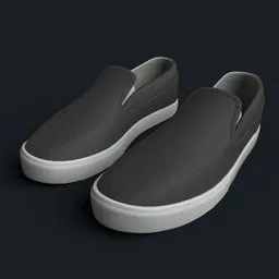 Detailed 3D rendering of black slip-on sneakers, ideal for Blender 3D footwear design visualization.