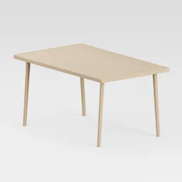 "Medium-sized wooden dining table rendered in Vue 3D with a Swedish design aesthetic. Ideal for Blender 3D software and reminiscent of Ikea style furniture."
