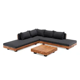 Detailed 3D model of a slate gray corner sectional sofa with acacia wood base and complementary cushions.