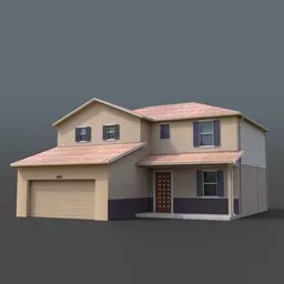 Detailed low poly 3D model of a suburban two-story house, optimized for Blender rendering, with baked textures.