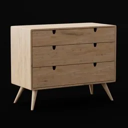Detailed 3D model of a wooden dresser with three drawers and angled legs for interior design in Blender.