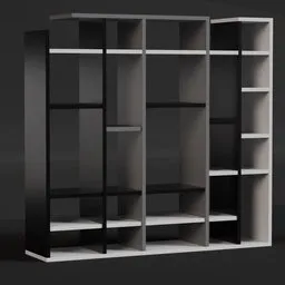 Designer 3D model of a stylish modular wood bookcase with varied shelves, optimized for Blender.