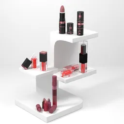 Detailed 3D cosmetic product scene with vibrant makeup items on modern shelves, perfect for Blender visualization.