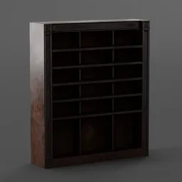 Detailed 3D model of a dark wooden bookshelf for Blender rendering, perfect for elegant interior designs.