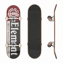 Detailed 3D model of an Element Skateboard with realistic trucks and textured grip tape, designed for Blender rendering.