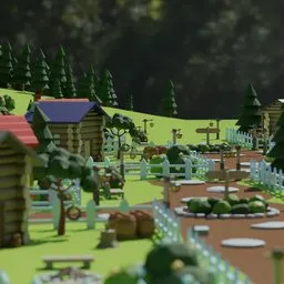 Detailed Blender 3D low poly village model with multiple houses, trees, and accessories for creative design.