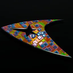 Brightly colored, intricately patterned 3D arrow model with smooth geometry for Blender rendering.