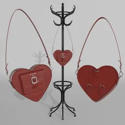 Detailed 3D heart-shaped bag model with adjustable strap and customizable leather texture for Blender renders.