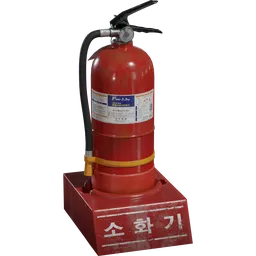 Detailed 3D rendering of a red fire extinguisher with Korean label, designed for Blender, isolated on transparent background.