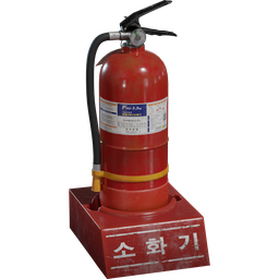Detailed 3D rendering of a red fire extinguisher with Korean label, designed for Blender, isolated on transparent background.