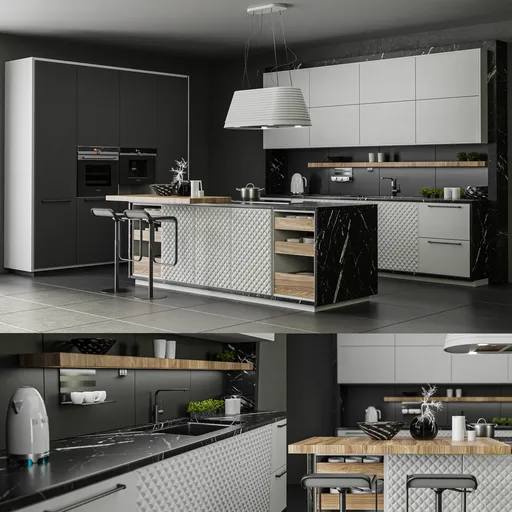 Detailed 3D kitchen model with modern appliances, created with Blender 3.6 using Cycles renderer.