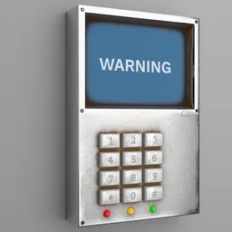 Detailed 3D modeled sci-fi keypad with warning screen, textured for Blender rendering.